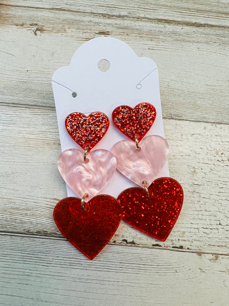 Red/Pink 3 Heart Earrings